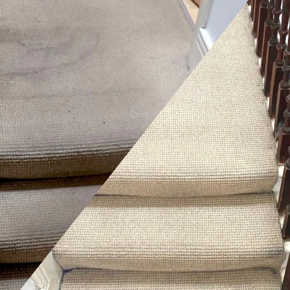 A staircase carpet shown before and after professional cleaning