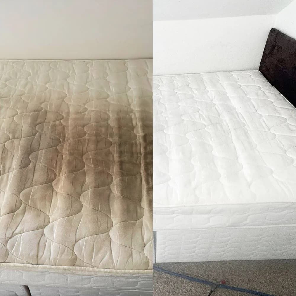 A mattress shown before and after professional cleaning