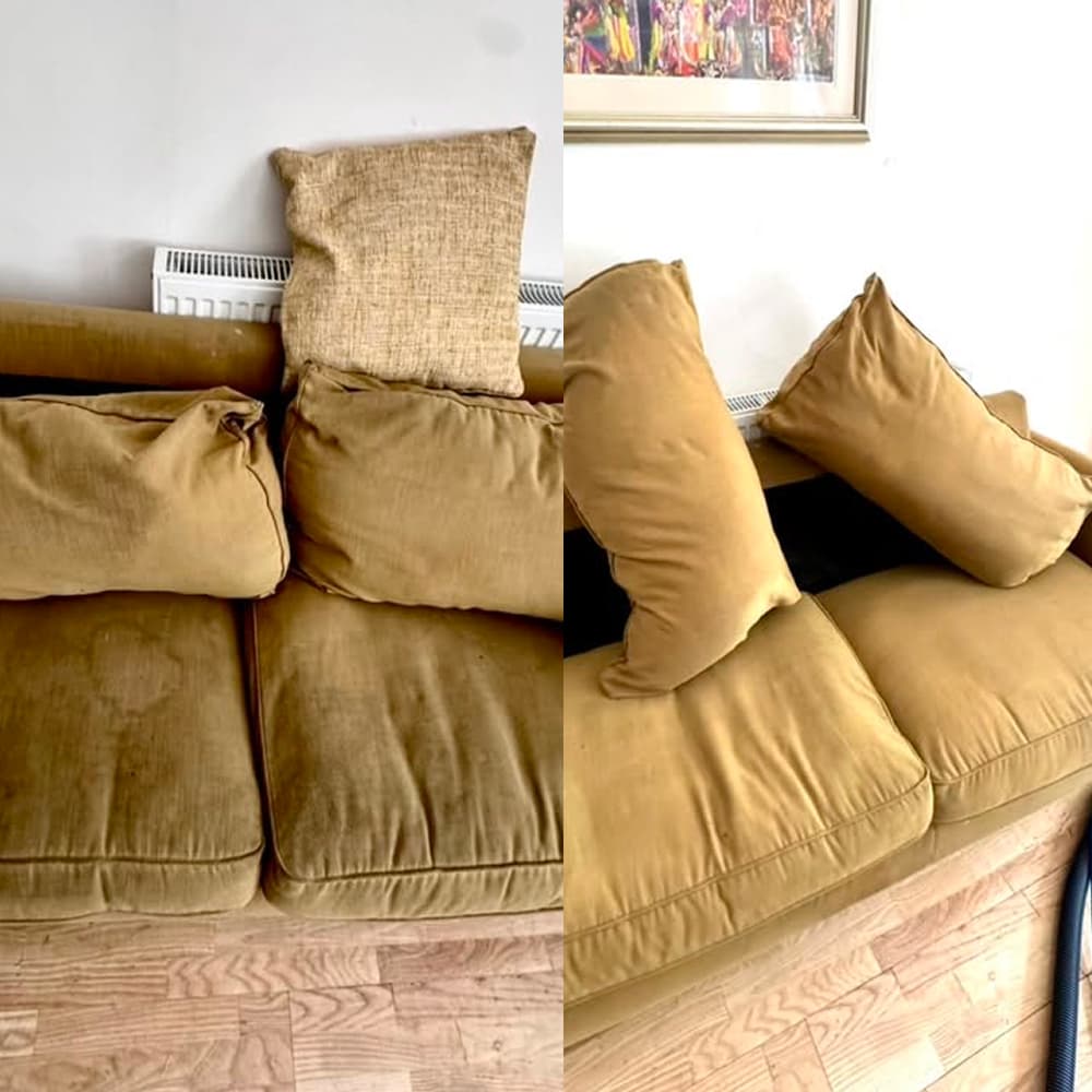A carpet shown before and after professional cleaning
