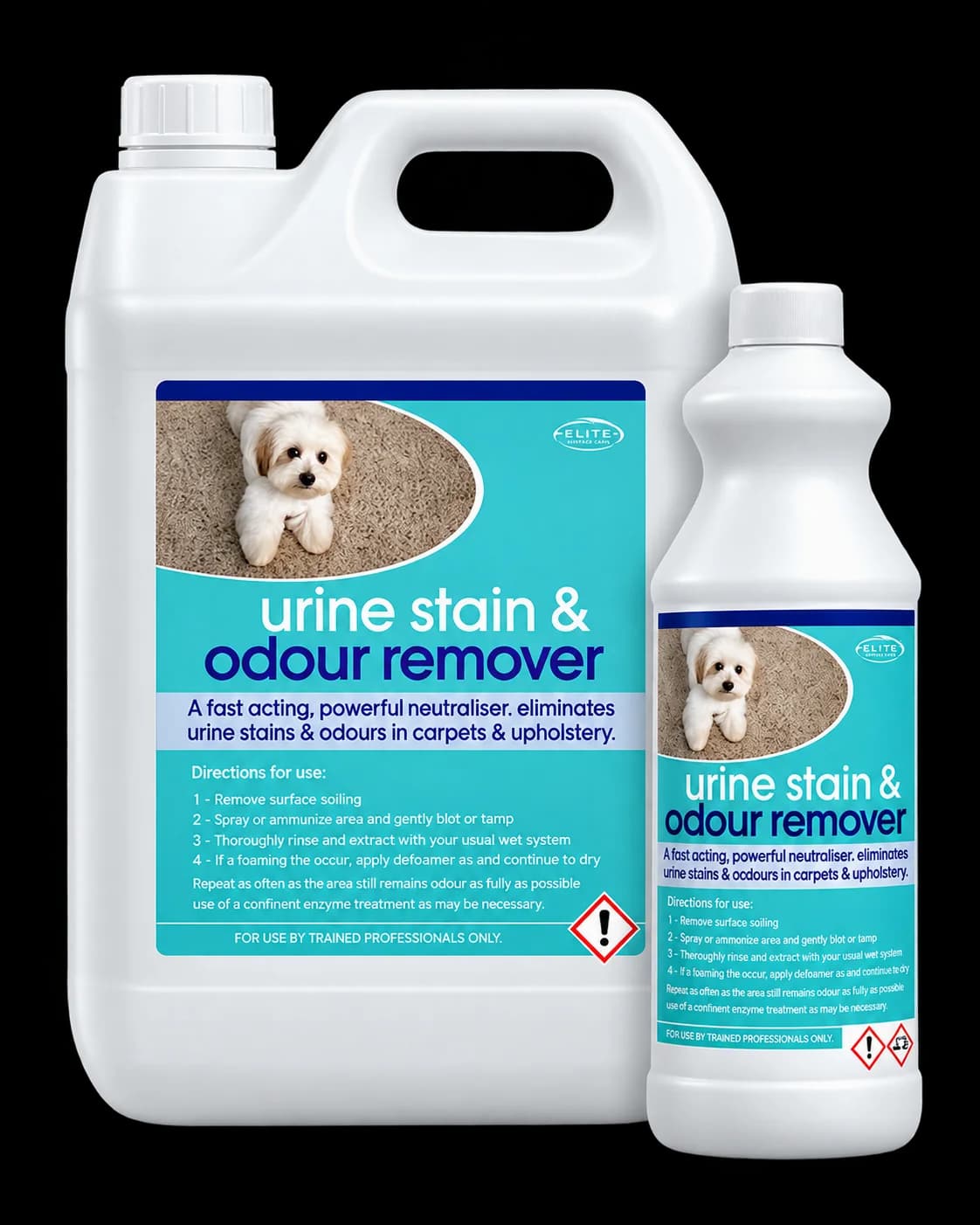 Urine stain and odour remover containers used by Elite Surface Care